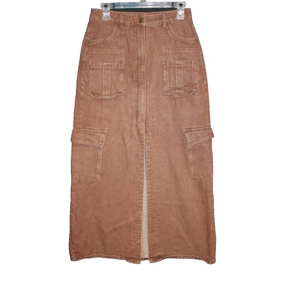 Cider Women’s Size Small Denim Maxi Skirt Front Slit Pockets Chocolate Brown - Picture 1 of 2